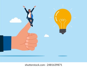 Businessman sitting on top of thumb. Flat vector illustration