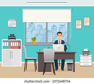 Businessman sitting on working place at the table with laptop. Business worker character in office interior.