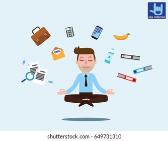 Businessman sitting in padmasana lotus pose with flying around documents, phone, flying around him
Office worker multitasking & meditating, relaxing doing yoga. Vector flat Business illustration