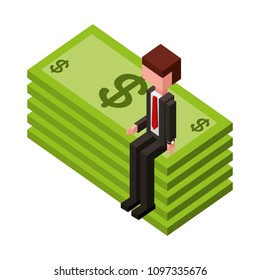businessman sitting in pile of bill dollars isometric icon