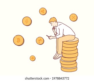 businessman sitting pile coins money. Hand drawn style vector design illustrations.