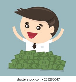 Businessman sitting in a pile of dollar money, vector, flat design