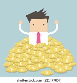 Businessman sitting in a pile of gold coins vector
