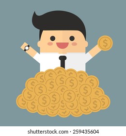 Businessman sitting in a pile of gold coins vector. flat design.