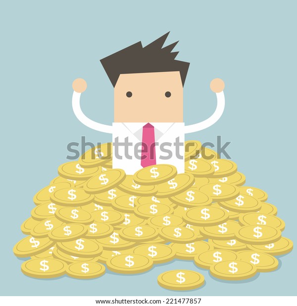 Businessman\
sitting in a pile of gold coins\
vector