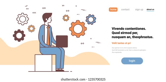 businessman sitting pose using laptop hardworking process cogwheel icon business man office worker male cartoon character full length line copy space horizontal