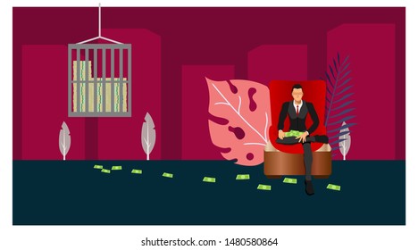 a businessman sitting in a red chair with money scattered. money safe with a large and secure safe. the concept of safe cartoon money with a plant sweetener design. eps10 file