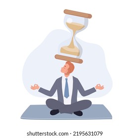 Businessman sitting with sandglass on his head practicing patience. meditation. calm and mindfulness thinking concept. Vector illustration