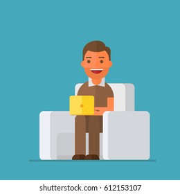 businessman is sitting in the sofa and working