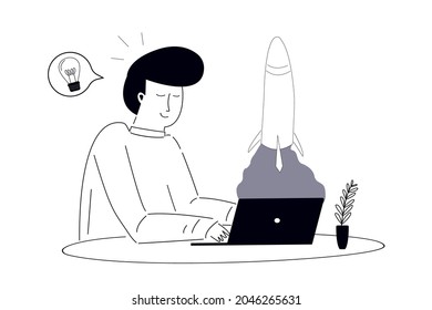 Businessman sitting and starting new business project. Development process on laptop screen. Product innovation and creative ideas. Startup launch and entrepreneurial concept. Flat vector illustration