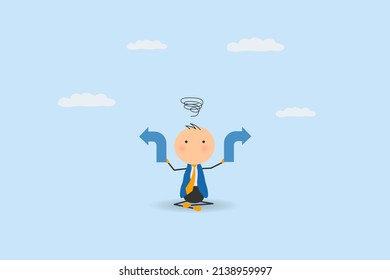 Businessman sitting in stickman shape is thinking and confused to make right decision and solution. Business decision and career path strategy concept.