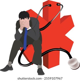 Businessman sitting and suffering from healthcare costs with a red cross and stethoscope