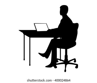 Businessman sitting at a table the computer.Black outlines on white.