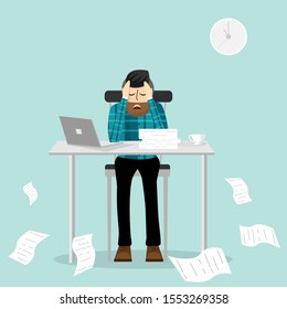 Businessman sitting at table or desk and stress with tried on work. Vector illustration in flat style.