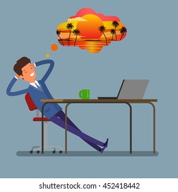 Businessman sitting at the table and dreaming. Flat design, vector illustration.