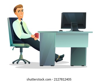 Businessman is sitting at table. Drinking coffee during break. Guy in shirt and tie. Male figure. Cheerful person character boy. Cartoon funny style illustration. Isolated on white background. Vector.
