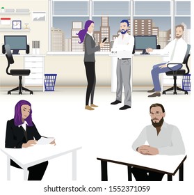 businessman sitting at the table, employees work in the interior of the office, flat, vector illustration