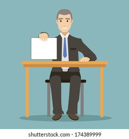 businessman sitting at table with the form of paper to sign contract