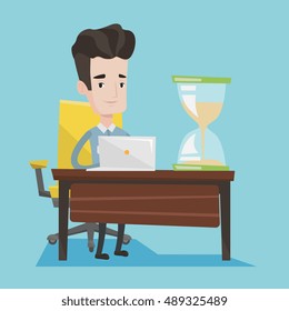 Businessman sitting at the table with hourglass on it. Worker coping with deadline successfully. Businessman working on laptop. Time management concept. Vector flat design illustration. Square layout.
