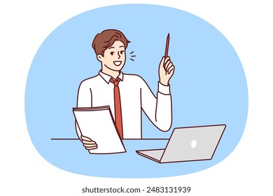 Businessman is sitting at table with laptop raising pen up participating in webinar on management. Guy student with notebook in hand raises hand wishing to become successful businessman