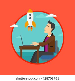 A businessman sitting at the table and looking at a flying rocket. Businessman working on a laptop. Business start up concept. Vector flat design illustration in the circle isolated on background.