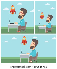 Businessman sitting at the table and looking at a flying rocket. Businessman working on a laptop. Business start up concept. Vector flat design illustration. Square, horizontal, vertical layouts.