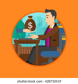 A businessman sitting at the table in office and a bag of money coming out of his laptop. Online business concept. Business vector flat design illustration in the circle isolated on background.