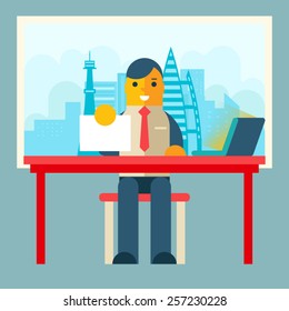 Businessman Sitting Table with Paper Contract  Corm Sign Window City Background Flat Design Concept Template Vector Illustration