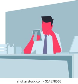 Businessman sitting at a table, propping his cheek, holding photo frame and thinking. Retro style illustration.