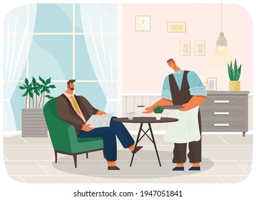 Businessman sitting at table reading newspaper drinking coffee in cafeteria, resting after work