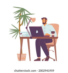 Businessman sitting at table and typing on desktop laptop, flat vector illustration isolated on white background. Working man cartoon character in office.