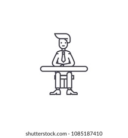 businessman sitting at the table vector line icon, sign, illustration on background, editable strokes
