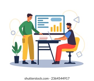 Businessman sitting at table, working, colleague standing near and talking. Business center concept. Modern online and live communication. Colorful flat vector illustration in cartoon style