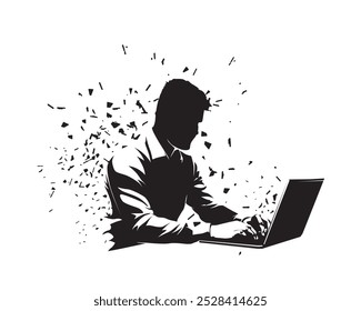 Businessman sitting at table and working on laptop, isolated vector silhouette. Business man