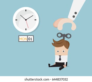 businessman sitting tired with hand turn on wind up on his head vector illustration