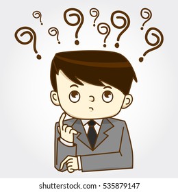 Businessman sitting under question marks