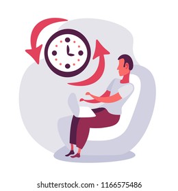 businessman sitting using laptop clock time management deadline concept flat business man cartoon character isolated vector illustration