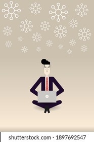 Businessman Sitting and Using Laptop for Working at home in the Covid-19 Virus Outbreak Situation with Set Sail Champagne Color Backdrop.