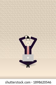 Businessman Sitting and Using Laptop for Working at home in Digital information overload Situation with Set Sail Champagne Color Backdrop.