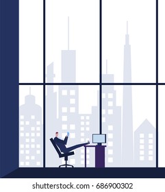 A businessman is sitting and using a smartphones in office on building background.