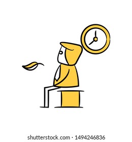 businessman sitting and waiting long time concept and clock yellow stick figure 
