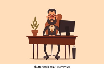 Businessman Sitting and Working with Computer. Vector Illustration