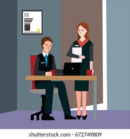 Businessman sitting and working at his desk talking to her colleague standing nearby. Coworkers casual discussion over coffee concept illustration vector.
