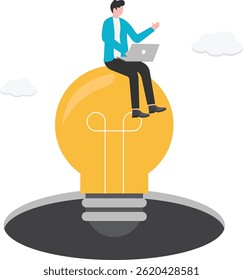 businessman sitting and working on light bulb breaking through the ground, innovative business idea

