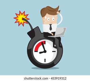 Businessman Sitting Working On Time Bomb Near Deadline, Business Concept Vector Illustration