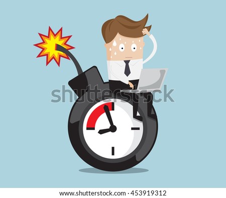 businessman sitting working on time bomb near deadline, business concept vector illustration