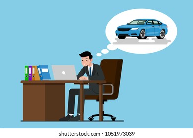 A businessman sitting and working seriously with his laptop. He thinking of the future that he want to have his own blue car, but he was tired with working so hard.