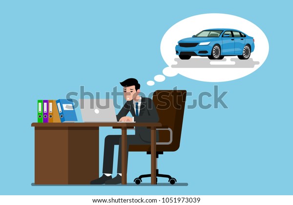 A businessman sitting\
and working seriously with his laptop. He thinking of the future\
that he want to have his own blue car, but he was tired with\
working so hard.