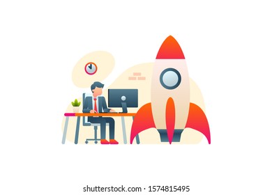 A Businessman Sitting, Working And Typing In Front Of A Computer Desk Beside A Big Rocket Startup Technology Vector Illustration Background