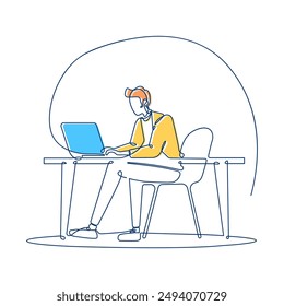 Businessman Sitting Working in Workspace Using Laptop Filled Continuous Line Art Vector